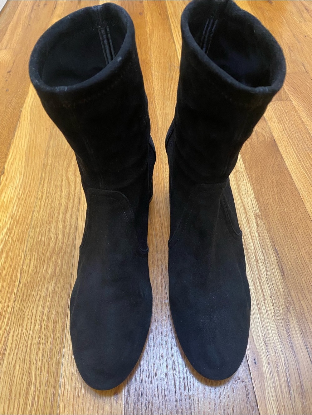 Stuart Weitzman Margot 75 Black Stretch Suede Sock Booties Block Heel Size 9M